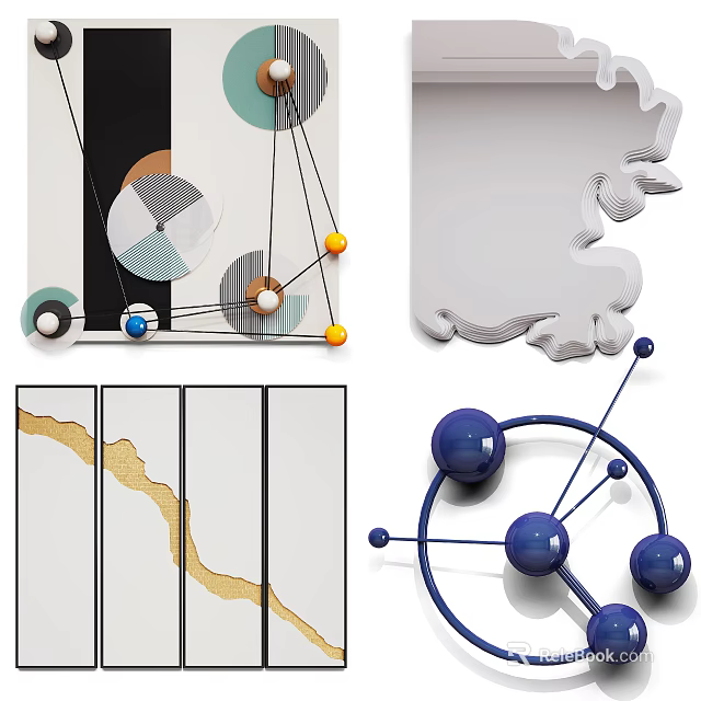 Abstract Modern Wall Decor With Geometric Circles Lines Spheres And Multi Panel 3d model 