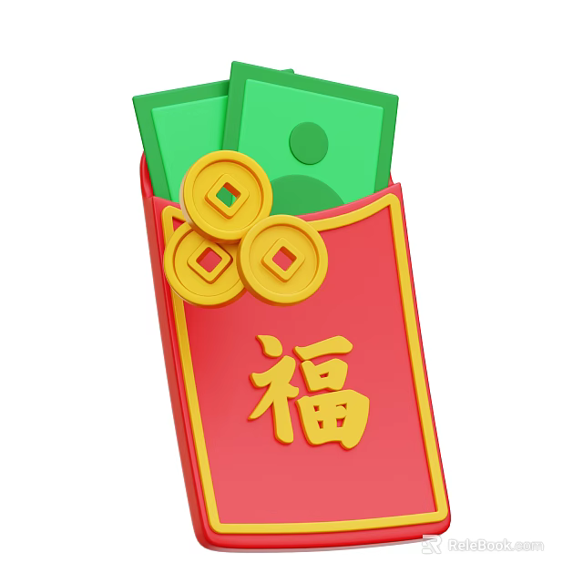 Decorative Ornament Set Featuring Red Envelope Golden Fu Character Green Banknotes And Golden Coins 3d model 