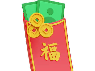 Decorative Ornament Set Featuring Red Envelope Golden Fu Character Green Banknotes And Golden Coins 3d model