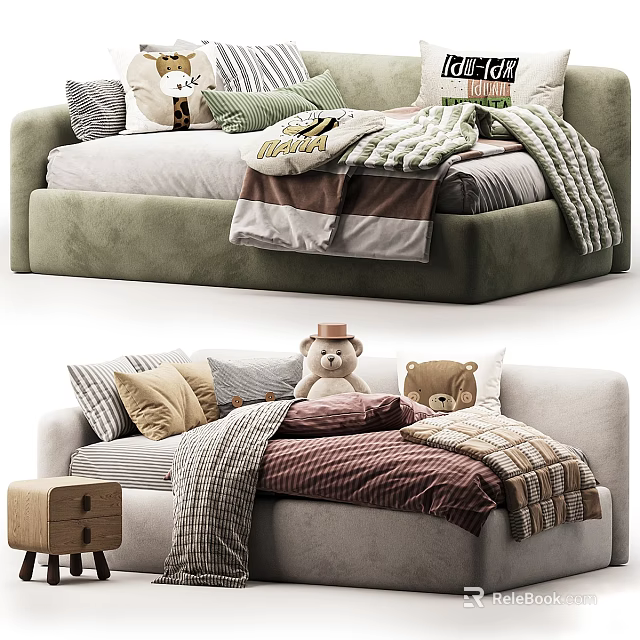 Soft Green Sectional Sofa With Plush Pillows Cozy Blankets And Stuffed Toys 3d model 