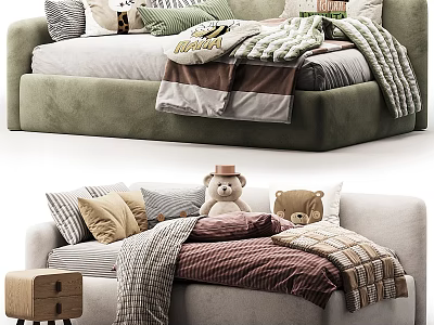 Soft Green Sectional Sofa With Plush Pillows Cozy Blankets And Stuffed Toys 3d model