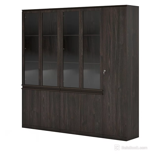 Dark Wooden Bookcase With Glass Doors Closed Cabinet Base And Storage Shelves 3d model 