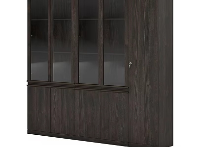 Dark Wooden Bookcase With Glass Doors Closed Cabinet Base And Storage Shelves 3d model