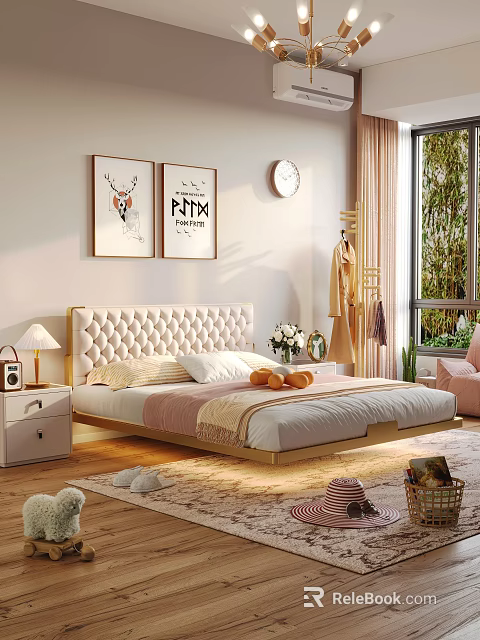 Modern Double Bed With Tufted Headboard Nightstand Decorative Art And Green Plants 3d model 