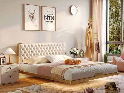 Modern Double Bed With Tufted Headboard Nightstand Decorative Art And Green Plants 3d model