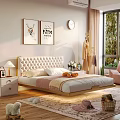Modern Double Bed With Tufted Headboard Nightstand Decorative Art And Green Plants