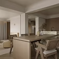 Modern Dining and Living Room Interior with Hanging Chandelier Beige Sofa and Fireplace Design