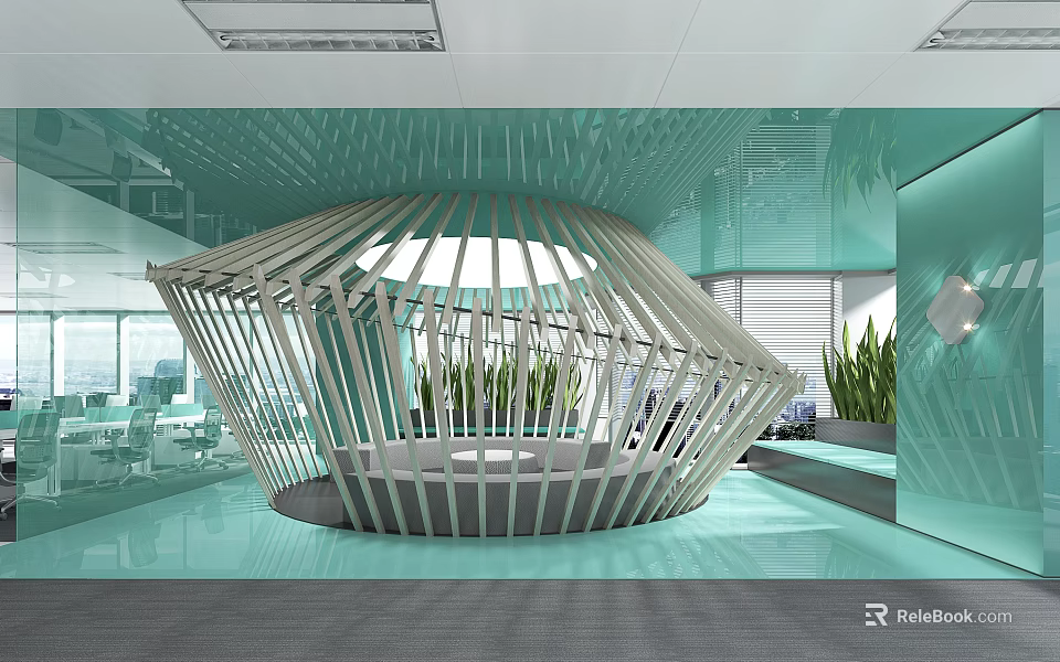 Modern Lounge Area With Circular White Structure Green Plants And Glass Walls 3d model 