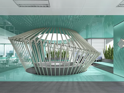 Modern Lounge Area With Circular White Structure Green Plants And Glass Walls 3d model