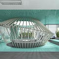 Modern Lounge Area With Circular White Structure Green Plants And Glass Walls