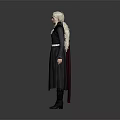 Game Movie Character With Blonde Hair In Long Dark Robe Standing Pose Detailed Costume