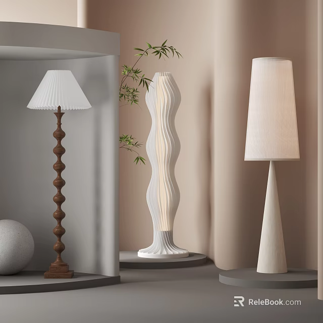 Modern Floor Lamps with Wooden Spiral Wavy Conical Bases and White Lampshades in Indoor Decor 3d model 