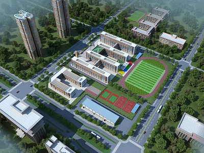 Aerial View Of School Campus With Buildings And Sports Fields 3d model