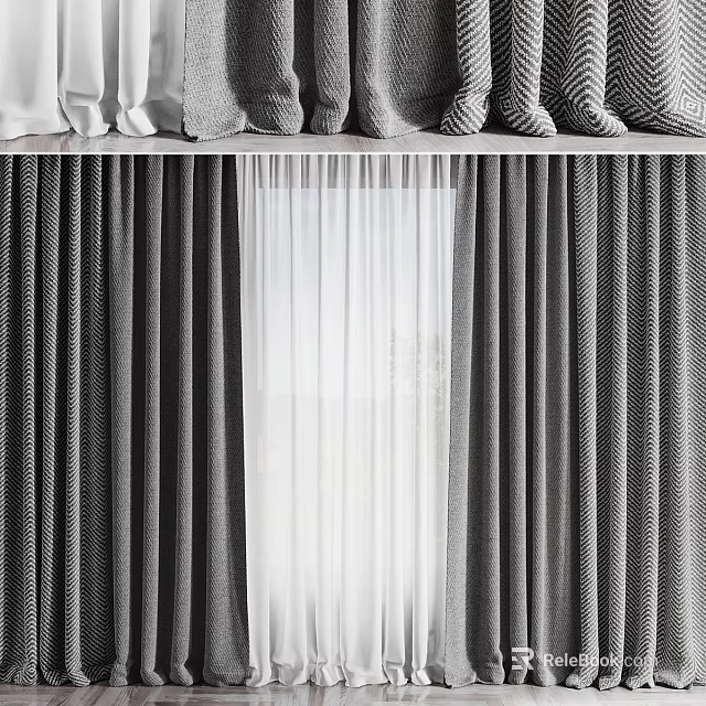 Gray And White Layered Curtains With Textured Design For Modern Home Window 3d model 