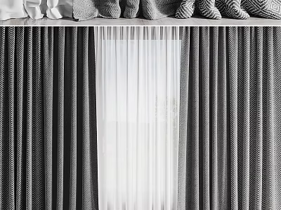 Gray And White Layered Curtains With Textured Design For Modern Home Window 3d model