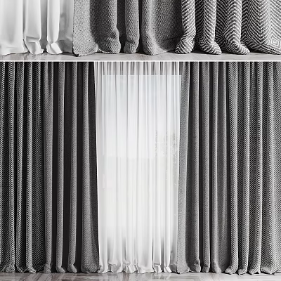 Gray And White Layered Curtains With Textured Design For Modern Home Window 3d model