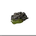 Pile Of Natural Stones With Green Moss Small Grass And Pebbles