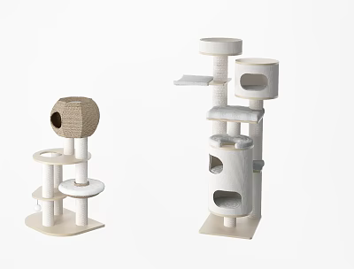 White Multi level Cat Tree Pet Furniture With Platforms And Scratching Posts 3d model