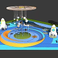 Space Themed Children's Play Area With Rocket Shaped Slide Hanging Balls And Colorful Floor