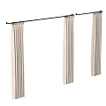 Three Beige Striped Roman Blinds Hanging On Black Metal Curtain Rod