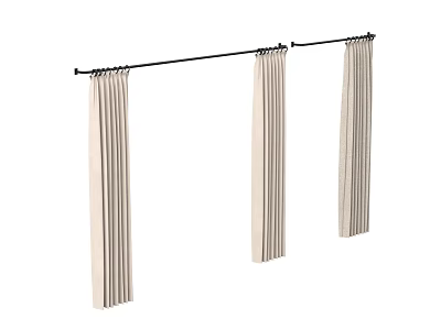 Three Beige Striped Roman Blinds Hanging On Black Metal Curtain Rod 3d model