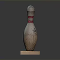 Vintage Bowling Pin With Red White Stripes And Logo On Wooden Base