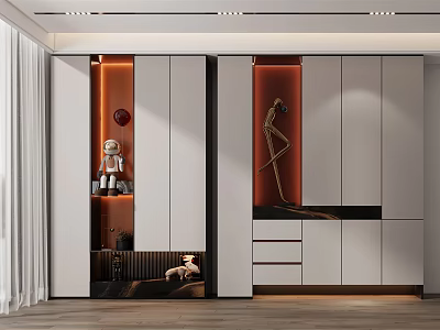 Modern Entryway Console Cabinet And Side Cabinet Design With Illuminated Shelves Decorative Sculptures And Drawers 3d model
