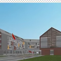 Modern School Building With Red Gray Exterior Red Flag Green Lawn Trees And Students Playing