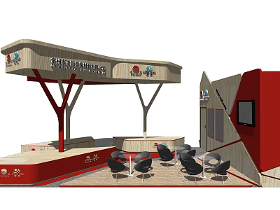 Exhibition Booth Design With Red Accents Wood Structure And Seating Furniture 3d model