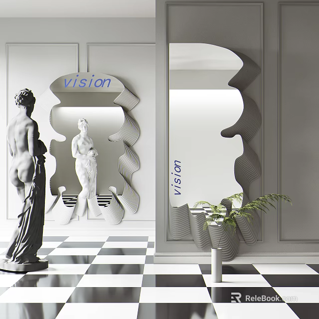 Modern Decorative Mirror with Vision Text Sculptures Black White Checkerboard Floor and Green Plant 3d model 