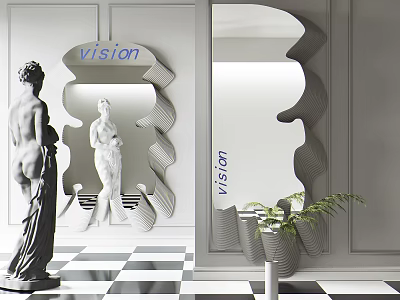 Modern Decorative Mirror with Vision Text Sculptures Black White Checkerboard Floor and Green Plant 3d model