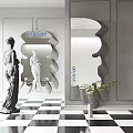 Modern Decorative Mirror with Vision Text Sculptures Black White Checkerboard Floor and Green Plant
