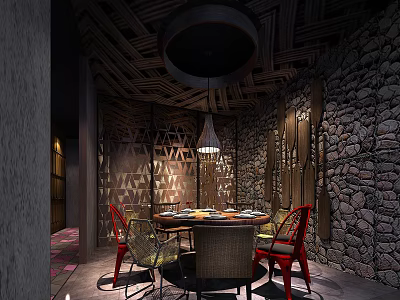 Traditional Restaurant Interior With Woven Ceiling Round Pendant Light Stone Walls And Colorful Chairs 3d model
