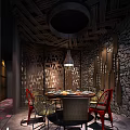 Traditional Restaurant Interior With Woven Ceiling Round Pendant Light Stone Walls And Colorful Chairs