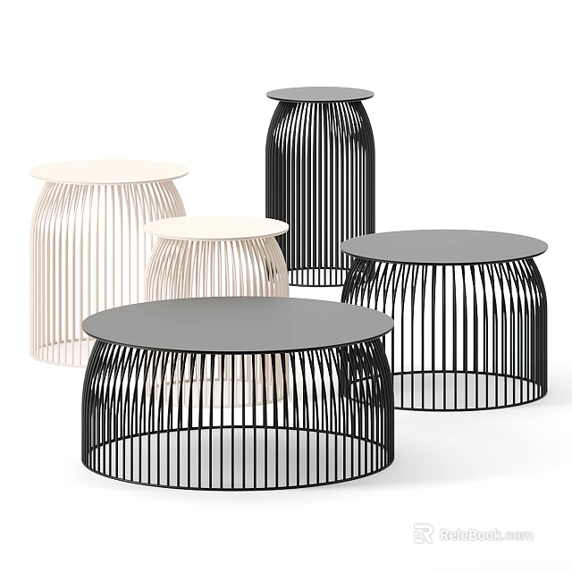 Modern Coffee Tables With Striped Design Round Tops Black And Beige Metal Frames 3d model 