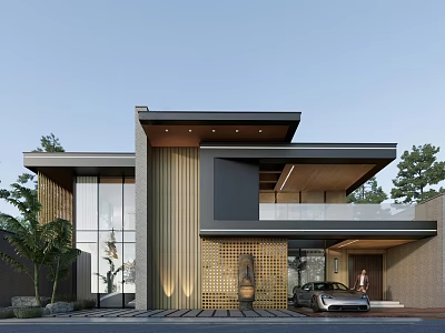 Modern Detached Villa Exterior With Large Glass Windows Wooden Accents And Garage 3d model