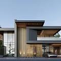 Modern Detached Villa Exterior With Large Glass Windows Wooden Accents And Garage