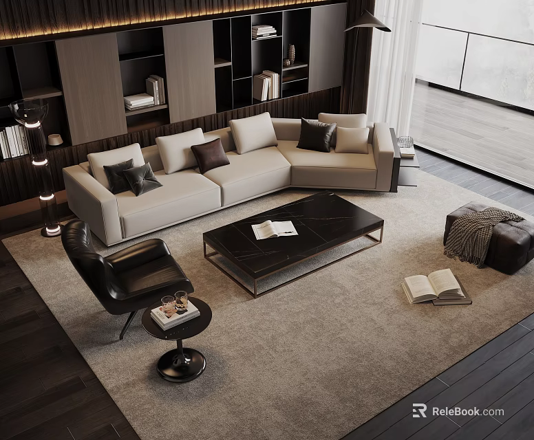 Modern Living Room Light Colored Sofa With Dark Cushions And Black Coffee Table Set 3d model 