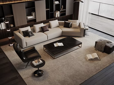 Modern Living Room Light Colored Sofa With Dark Cushions And Black Coffee Table Set 3d model