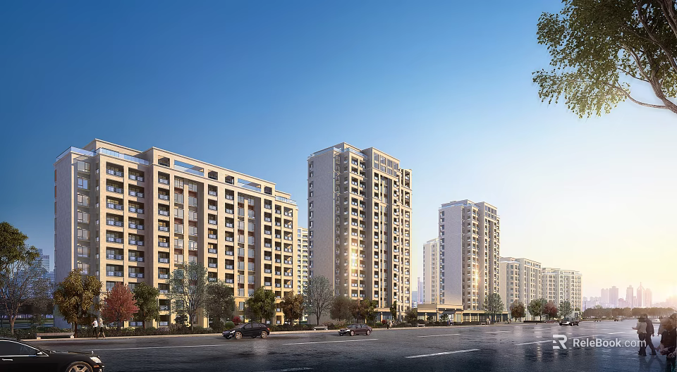 Modern Multi Story Residential Buildings with Street Vehicles and Trees Under Blue Sky 3d model 