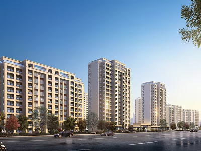 Modern Multi Story Residential Buildings with Street Vehicles and Trees Under Blue Sky 3d model