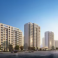 Modern Multi Story Residential Buildings with Street Vehicles and Trees Under Blue Sky