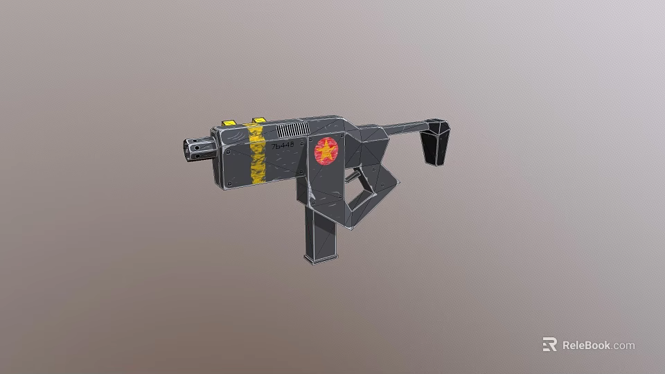 Black 3D Model Gun With Yellow Stripes And Red Emblem Design 3d model