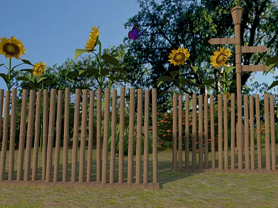 Wooden Garden Fence Decorated with Sunflowers Butterfly Trees and Signpost in Scenic Outdoor Setting 3d model