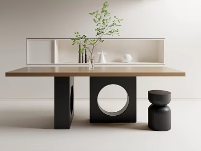Wooden Dining Table With Black Circular Cutout Legs Black Stool White Shelf Green Plant 3d model