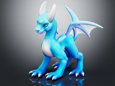 Blue Dragon 3D Figurine With White Horns Wings And White Tipped Claws 3d model