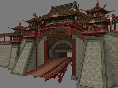 Traditional Ancient Chinese Architecture Gateway With Ornate Eaves Red Pillars And Stone Walls 3d model