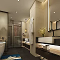 Hotel Guest Room Interior With Modern Sofa Armchair TV Rug and Floor to Ceiling Window