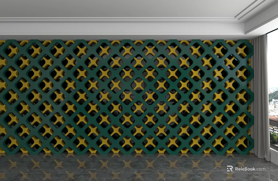 Decorative Background Wall With Green And Yellow Geometric Hollow Out Design 3d model 