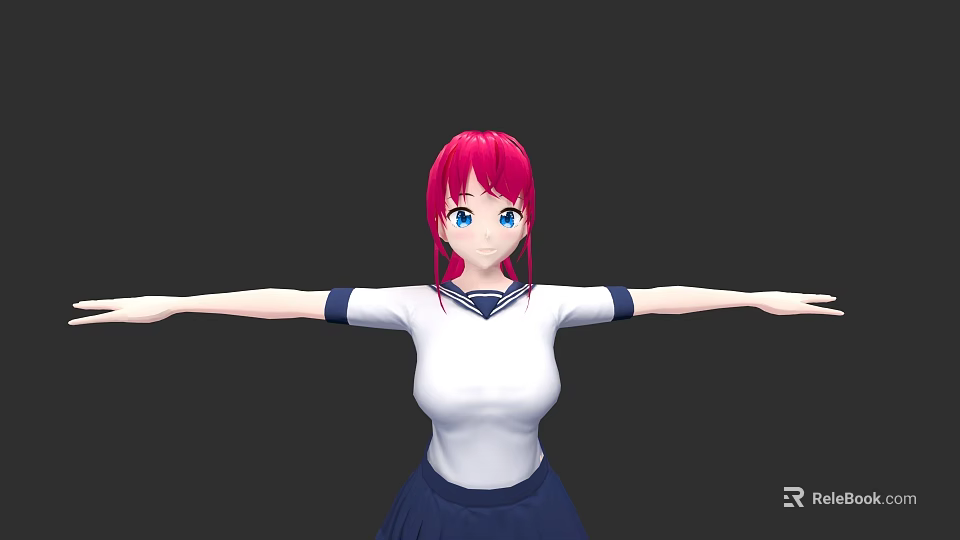 Woman with red hair and blue eyes wearing white top dark blue skirt arms outstretched 3d model 